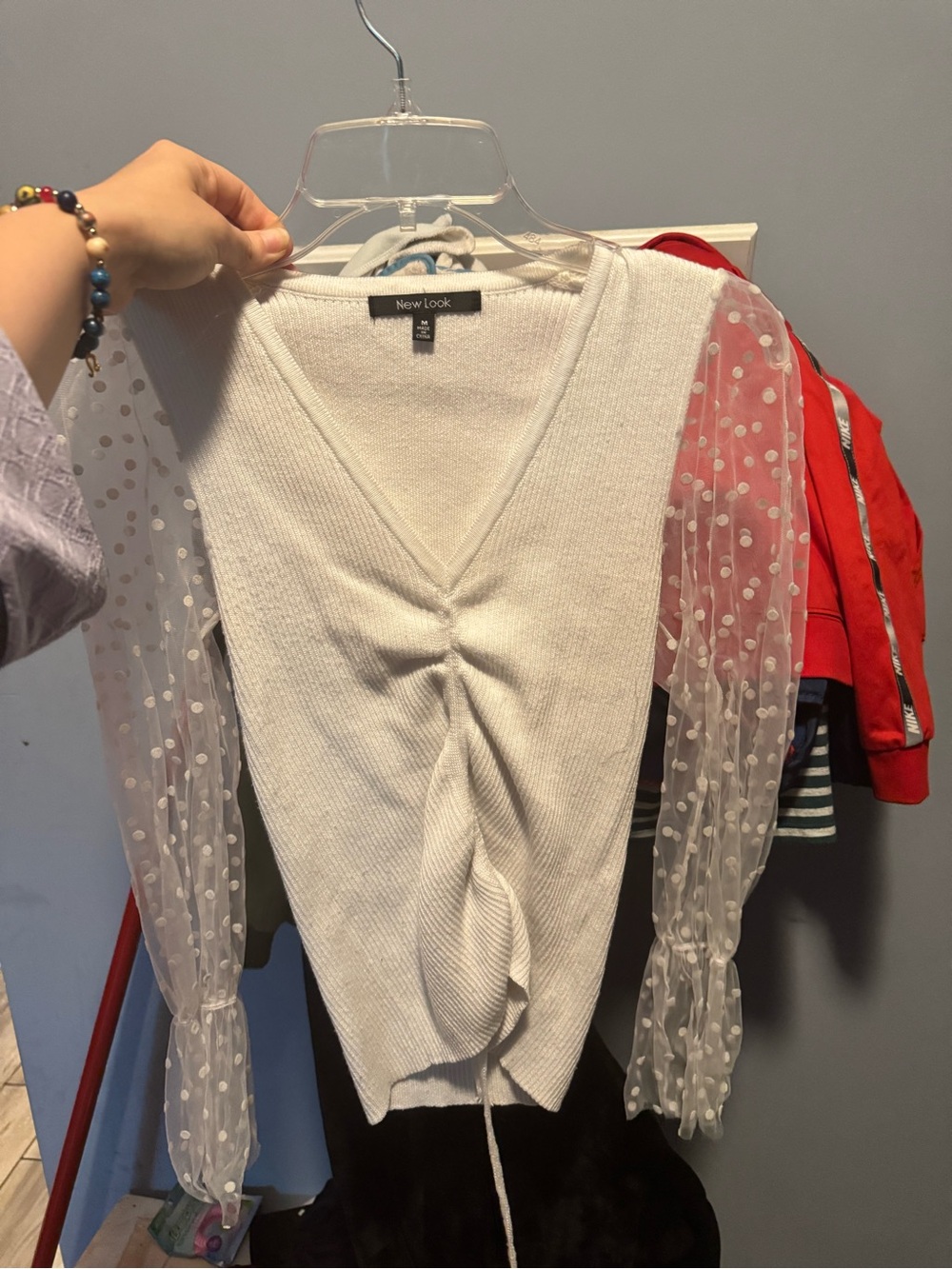 Very nice mesh breathable long sleeve polkadot solid clean white fancy sweate